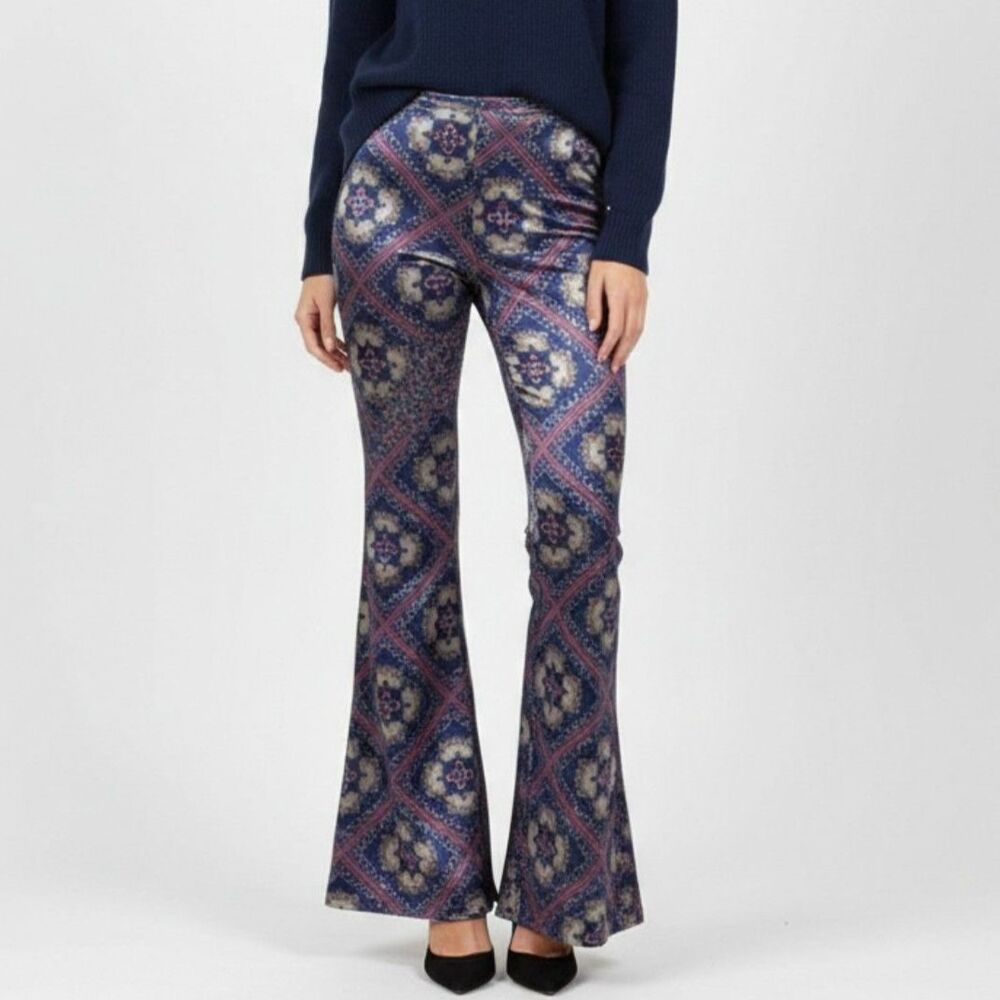 Band of Gypsies Blue Print Velvet Flair Wide Hem Pants S